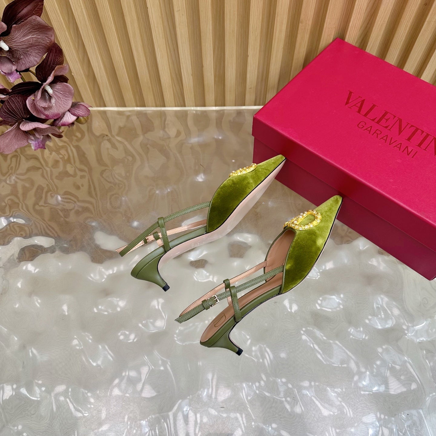 VALENTINO 25S HIGH-HEEL SLINGBACKS IN MOSS GREEN VELVET WITH GOLD HARDWARE