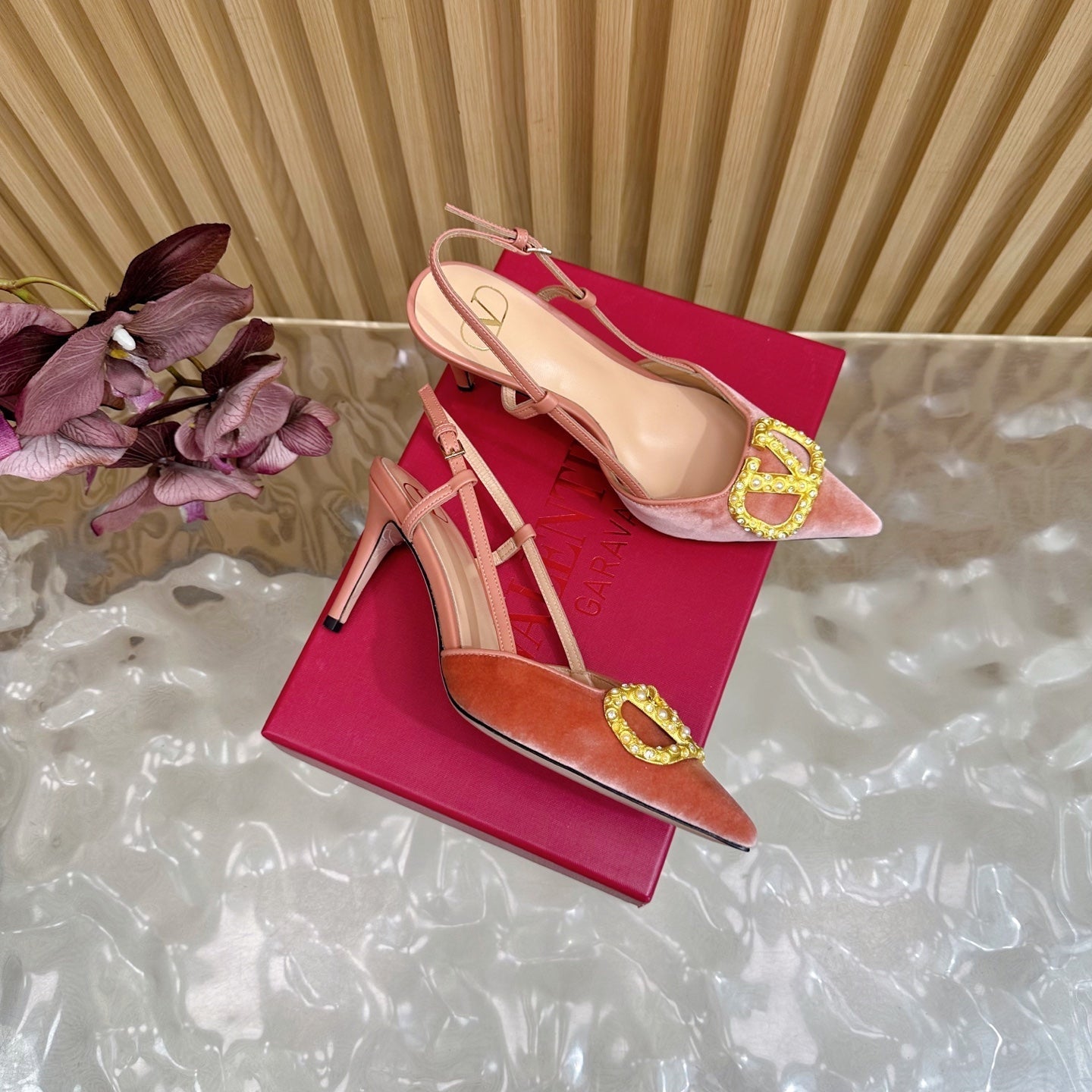 VALENTINO 25S HIGH-HEEL SLINGBACKS IN ORANGE VELVET WITH GOLD HARDWARE
