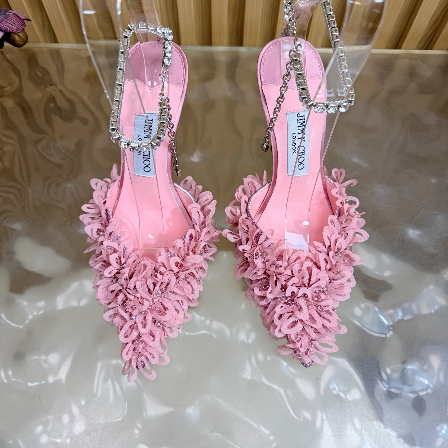 JIMMY CHOO 26S HIGH HEELS 100 MM IN PINK FABRIC AND LAMBSKIN CRYSTAL STRAPS
