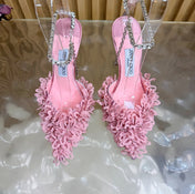 JIMMY CHOO 26S HIGH HEELS 100 MM IN PINK FABRIC AND LAMBSKIN CRYSTAL STRAPS