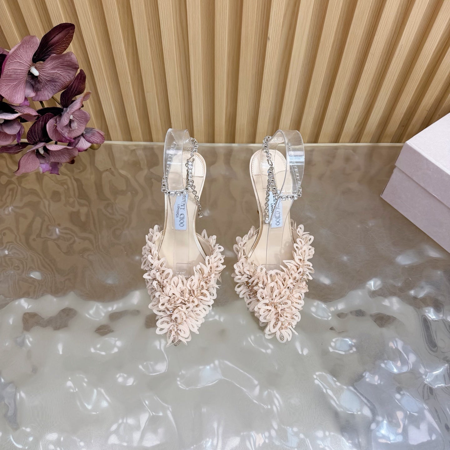 JIMMY CHOO 26S HIGH HEELS 100 MM IN NUDE PINK FABRIC AND LAMBSKIN CRYSTAL STRAPS