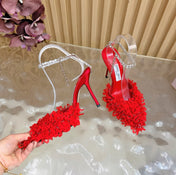 JIMMY CHOO 26S HIGH HEELS 100 MM IN RED FABRIC AND LAMBSKIN CRYSTAL STRAPS