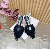 JIMMY CHOO 26S HIGH HEELS 100 MM IN BLACK FABRIC AND LAMBSKIN CRYSTAL STRAPS