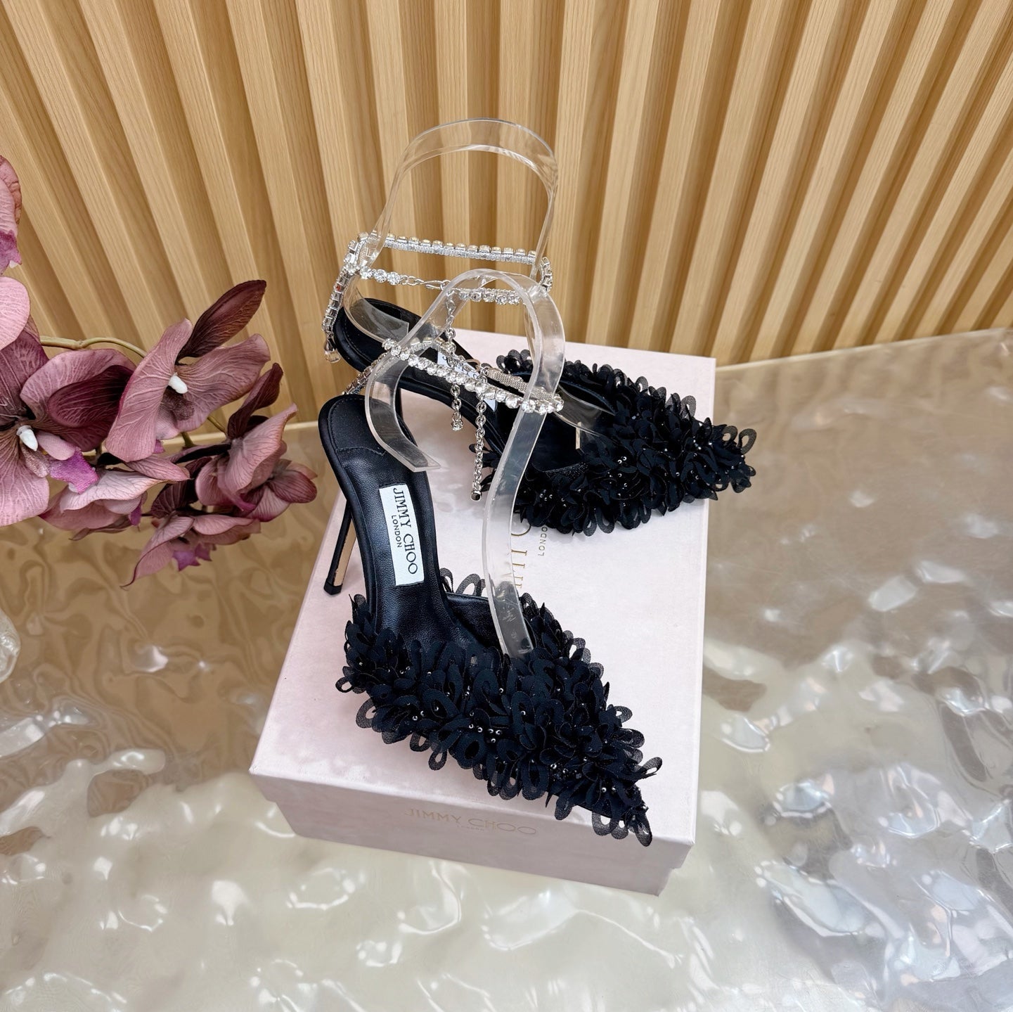 JIMMY CHOO 26S HIGH HEELS 100 MM IN BLACK FABRIC AND LAMBSKIN CRYSTAL STRAPS
