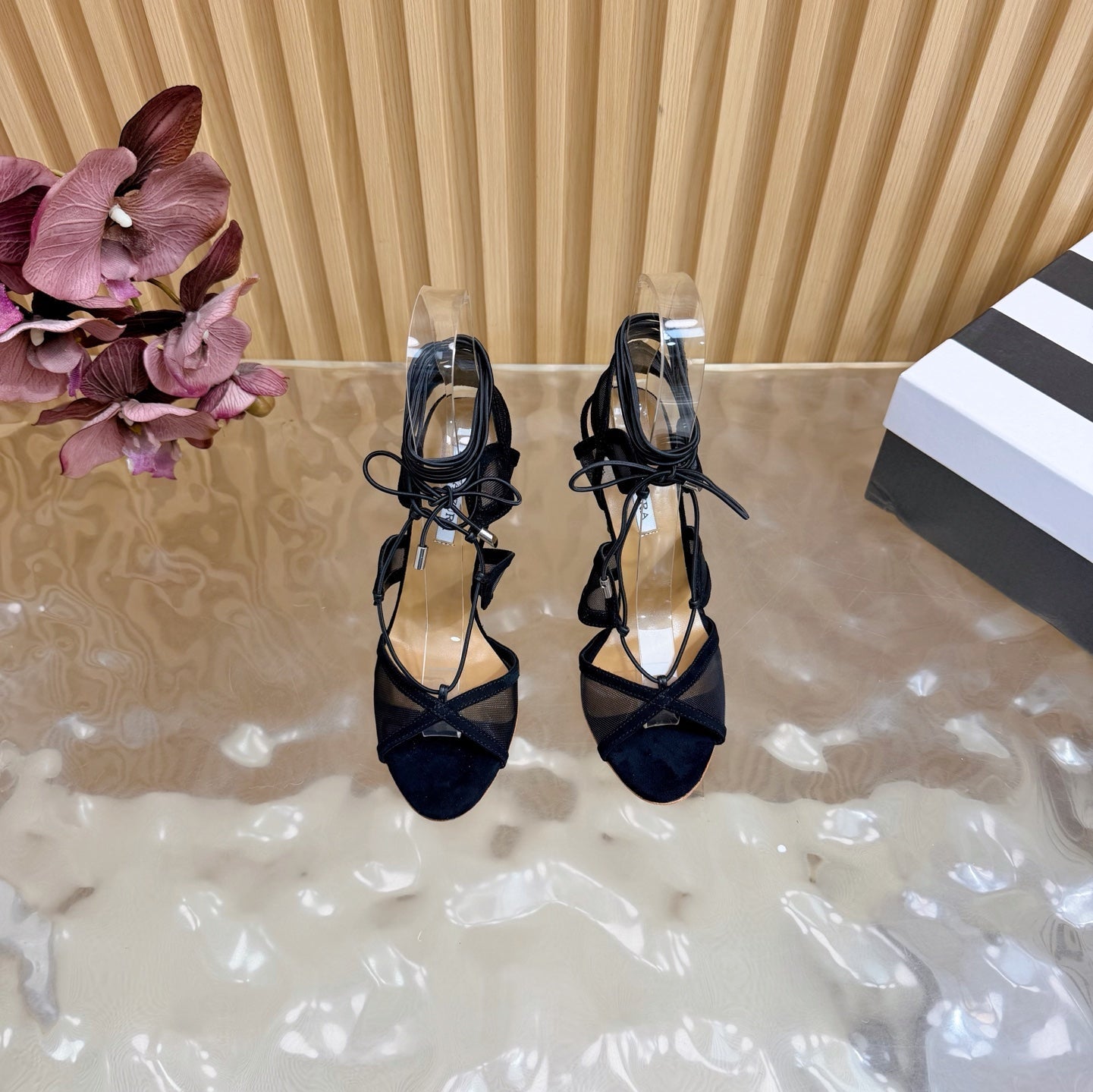 AQUAZZURA 26S SANDALS 100 MM IN BLACK SUEDE & MESH