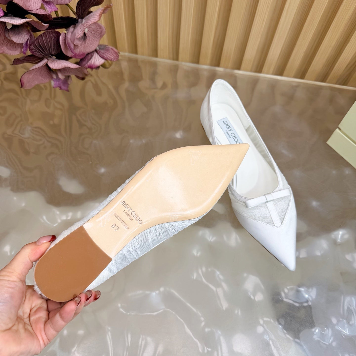 JIMMY CHOO 26S FLATS IN WHITE MESH AND SATIN