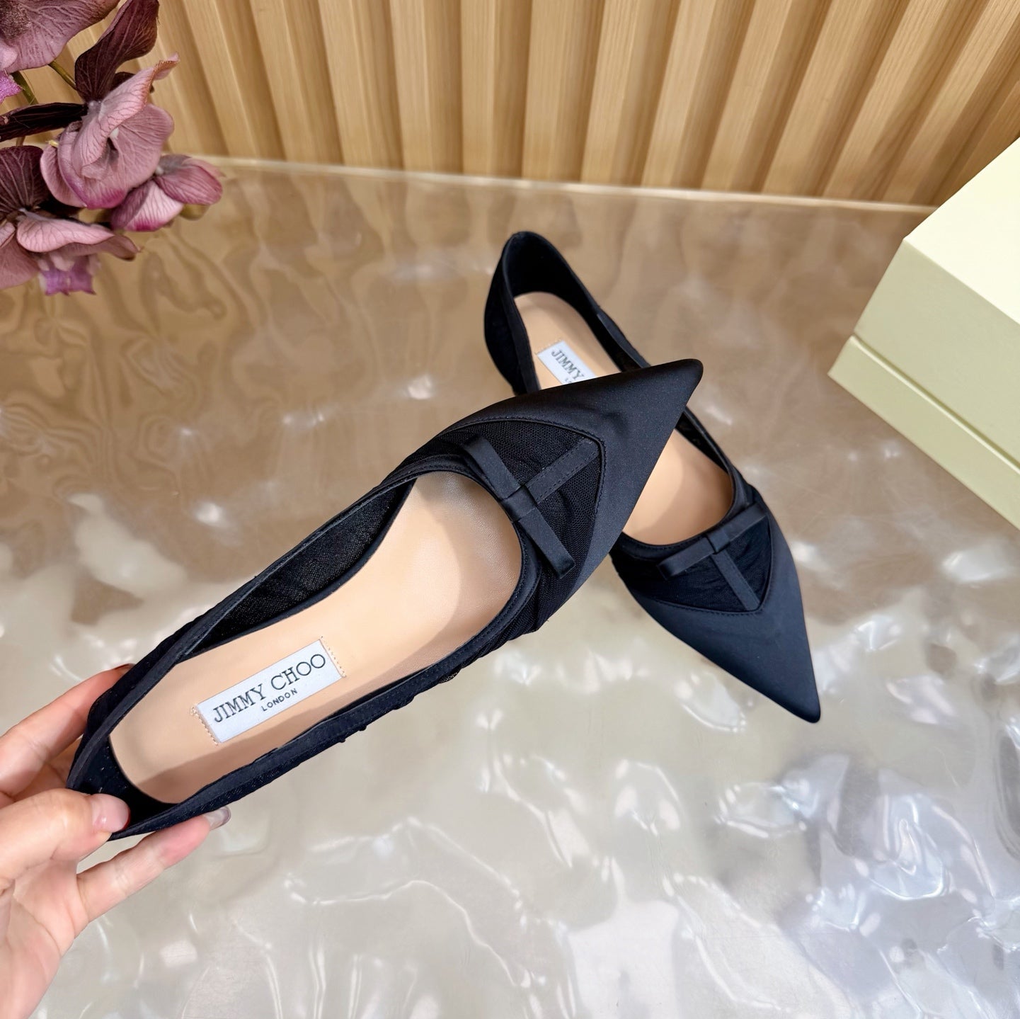 JIMMY CHOO 26S FLATS IN BLACK MESH AND SATIN