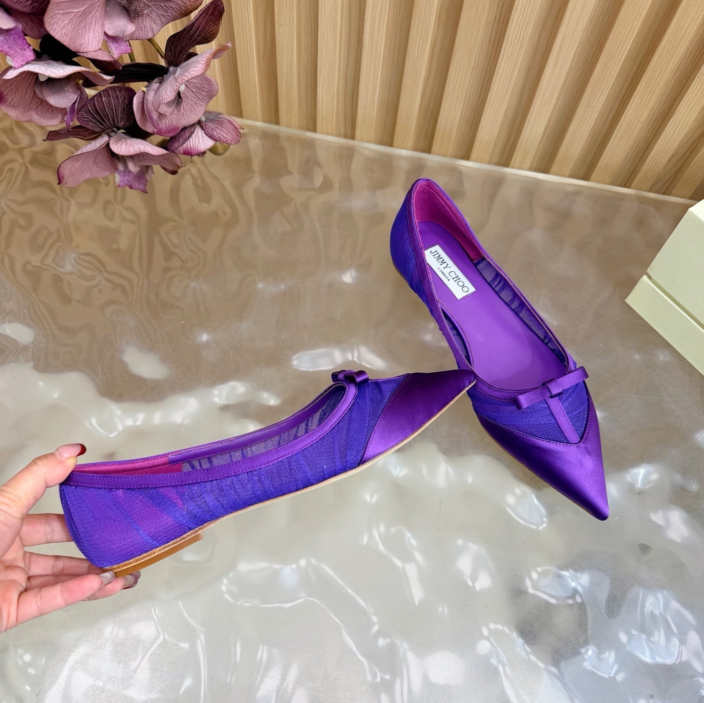 JIMMY CHOO 26S FLATS IN DARK PURPLE LACE AND SATIN