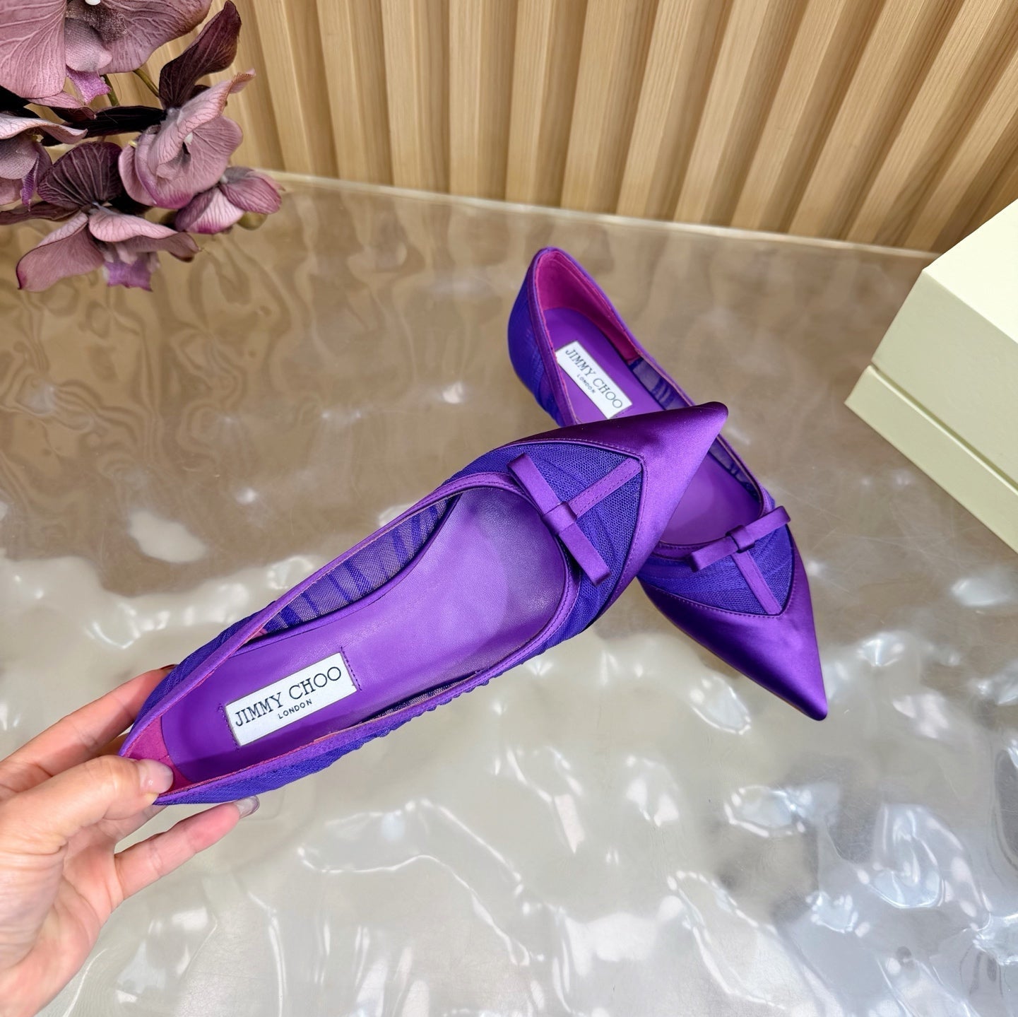 JIMMY CHOO 26S FLATS IN DARK PURPLE LACE AND SATIN