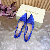 JIMMY CHOO 26S FLATS IN DARK BLUE LACE AND SATIN