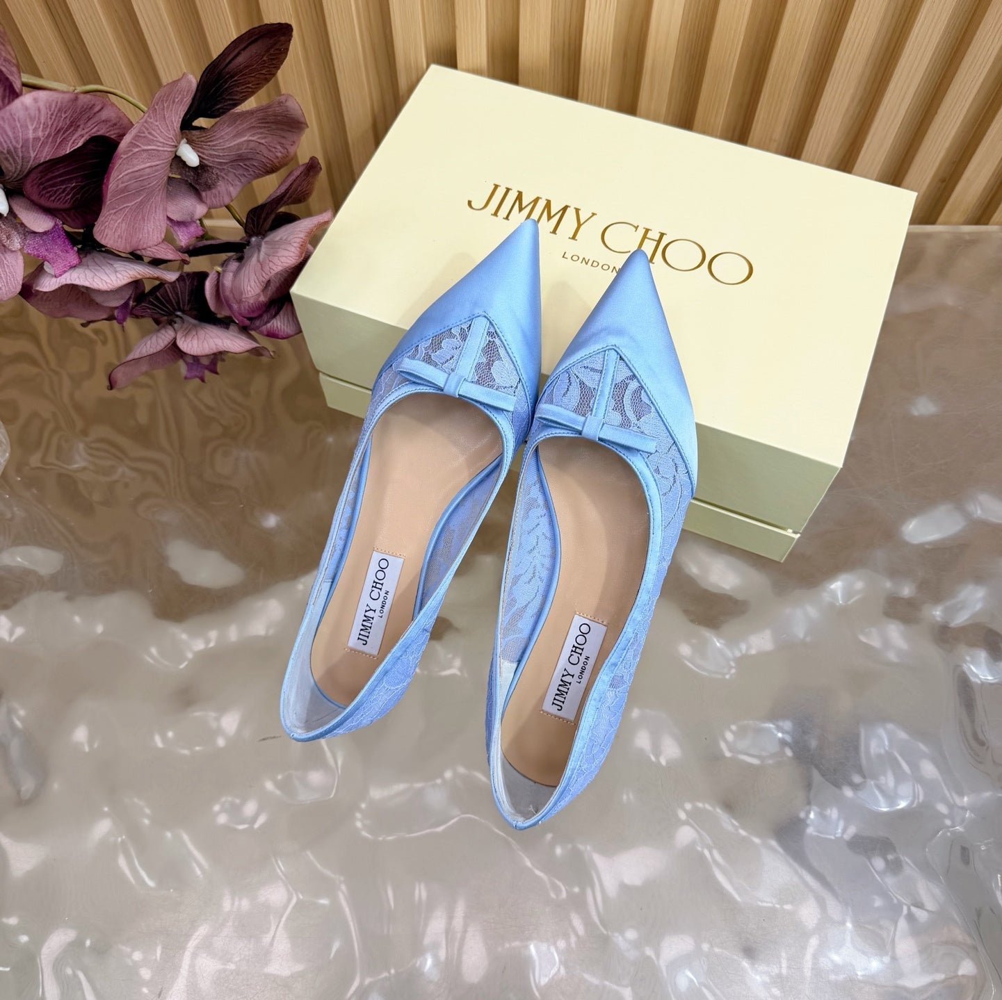 JIMMY CHOO 26S FLATS IN SKY BLUE LACE AND SATIN