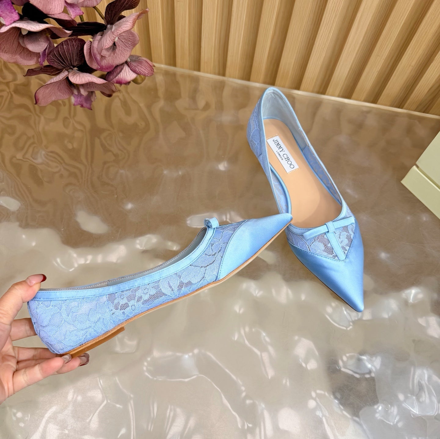 JIMMY CHOO 26S FLATS IN SKY BLUE LACE AND SATIN