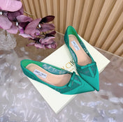 JIMMY CHOO 26S FLATS IN GREEN LACE AND SATIN