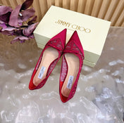 JIMMY CHOO 26S FLATS IN RED LACE AND SATIN