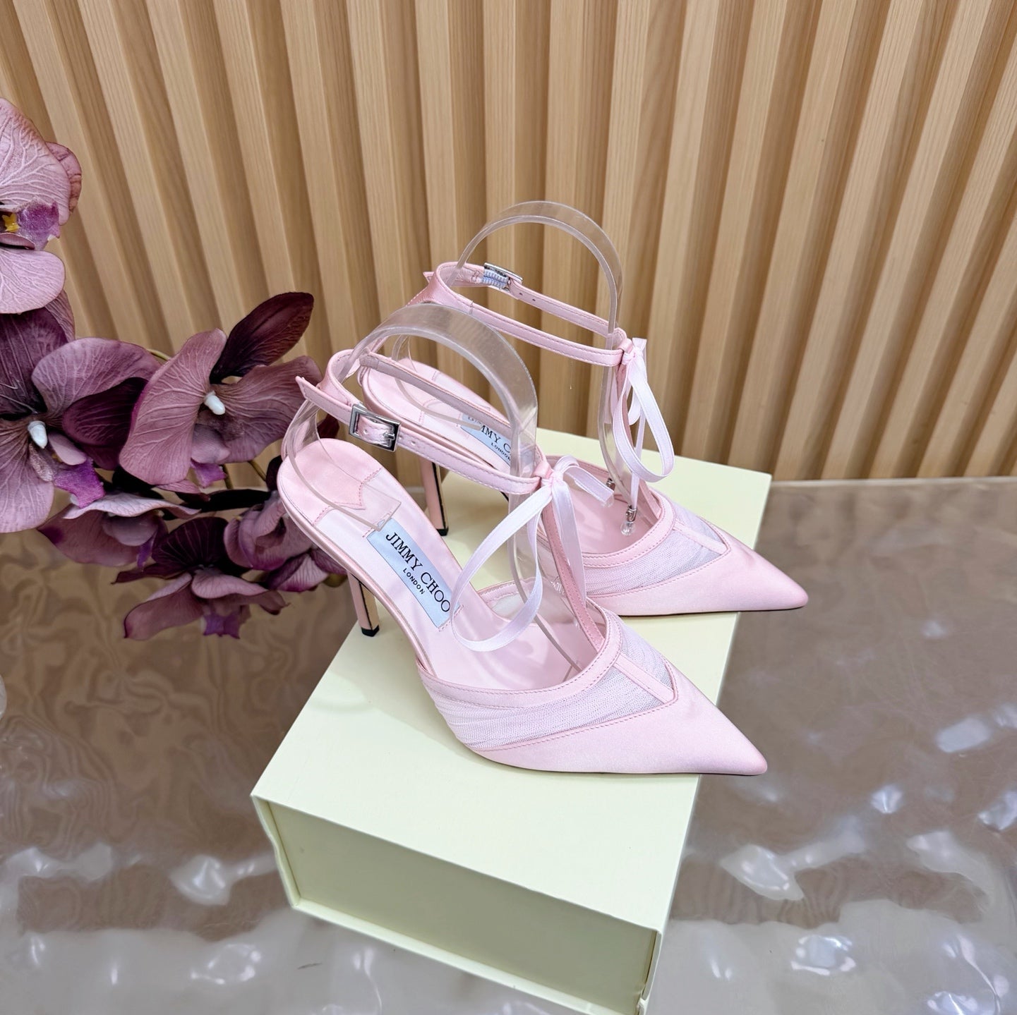 JIMMY CHOO 26S HIGH HEELS 105 MM IN LIGHT PINK MESH AND SATIN