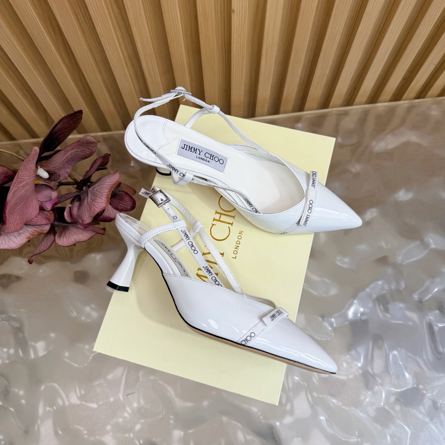 JIMMY CHOO 26S SLINGBACK HEELS 65 MM IN WHITE PATENT CALFSKIN