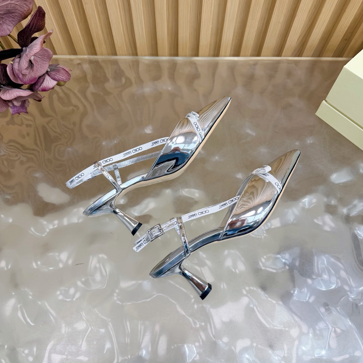 JIMMY CHOO 26S SLINGBACK HEELS 65 MM IN SILVER PATENT CALFSKIN