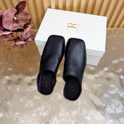 THE ROW 26S SQUARE TOE MULE FLATS IN BLACK CALFSKIN