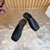 THE ROW 26S SQUARE TOE MULE FLATS IN BLACK CALFSKIN