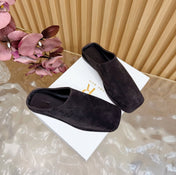 THE ROW 26S SQUARE TOE MULE FLATS IN DARK BROWN SUEDE