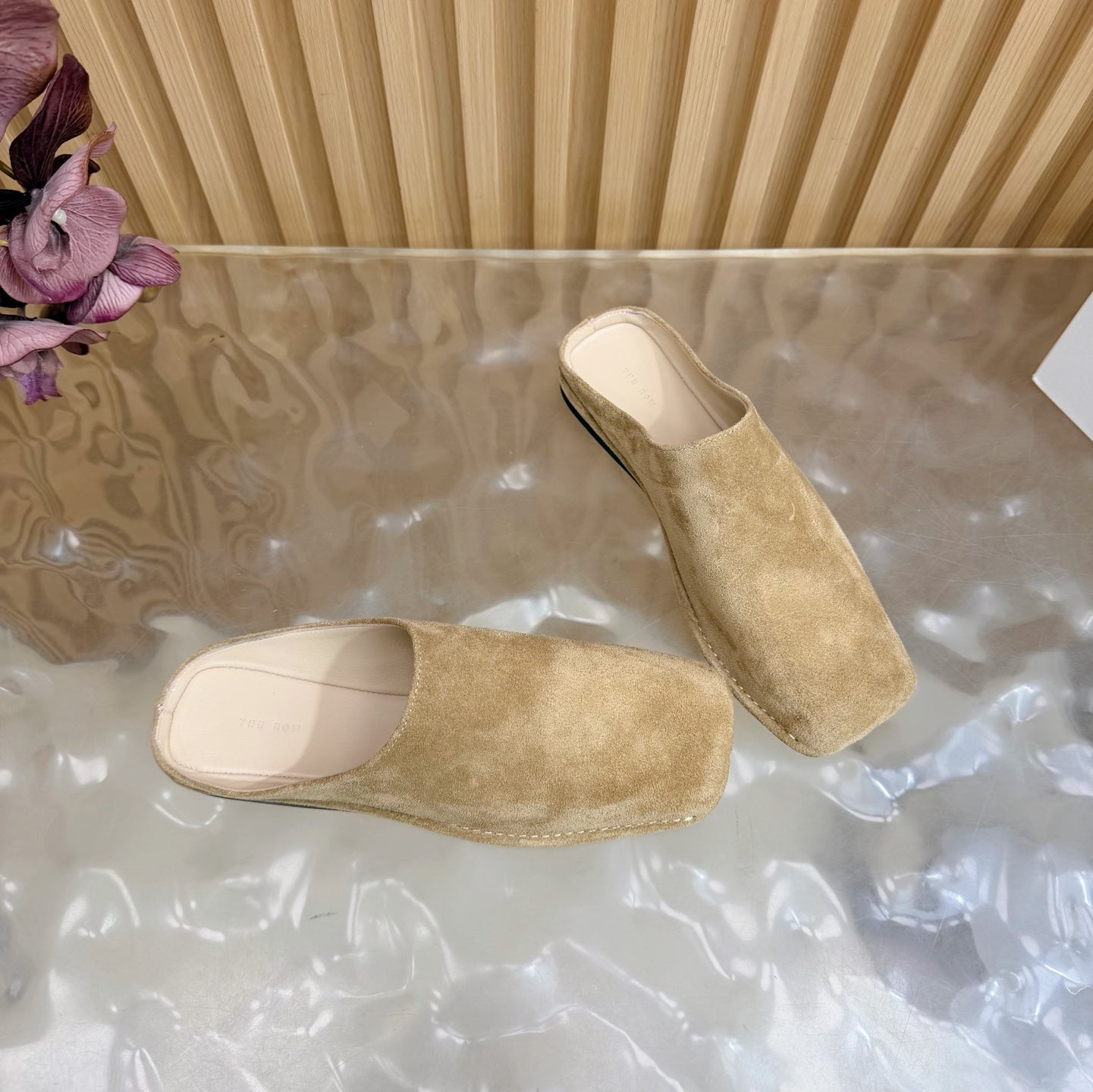 THE ROW 26S SQUARE TOE MULE FLATS IN CAMEL BROWN SUEDE
