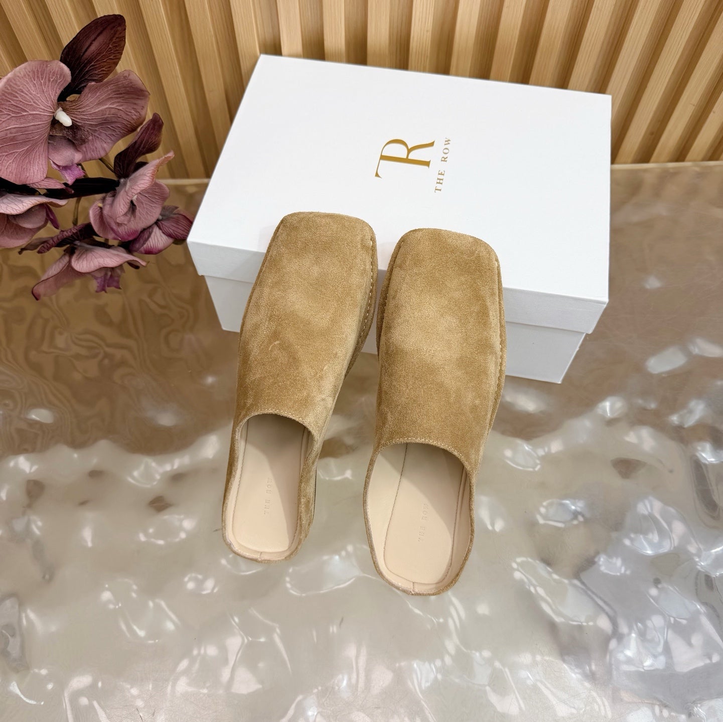 THE ROW 26S SQUARE TOE MULE FLATS IN CAMEL BROWN SUEDE