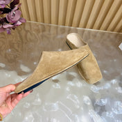THE ROW 26S SQUARE TOE MULE FLATS IN CAMEL BROWN SUEDE