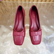 THE ROW 26S SQUARE TOE PUMPS IN DARK RED CALFSKIN WITH BOW