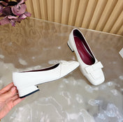 THE ROW 26S SQUARE TOE PUMPS IN WHITE CALFSKIN WITH BOW