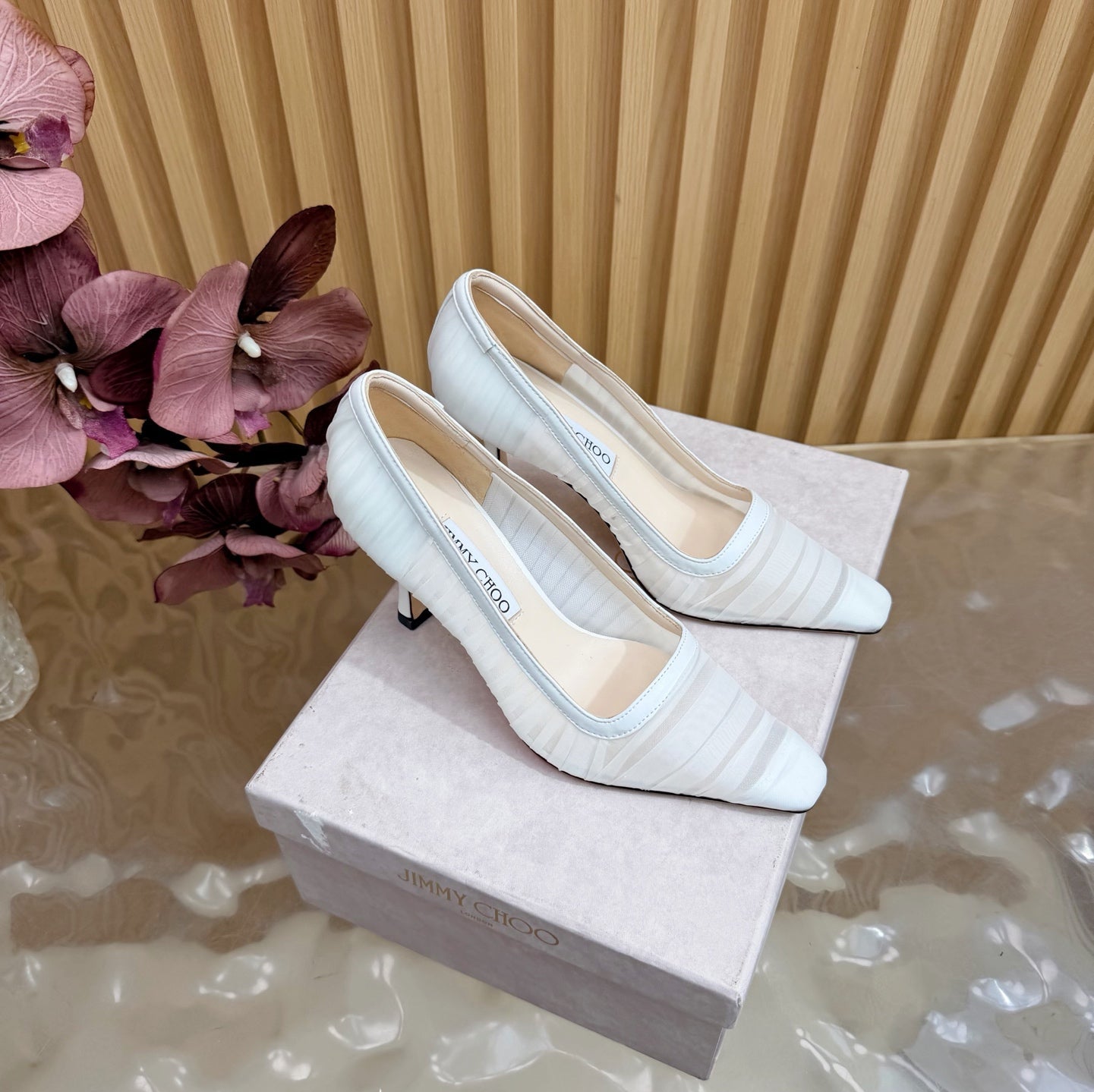JIMMY CHOO 26S HIGH HEELS 85 MM IN WHITE MESH