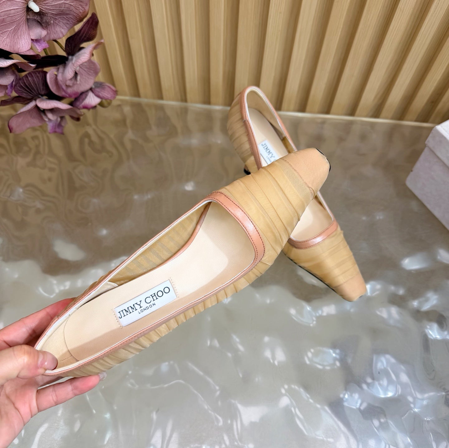 JIMMY CHOO 26S HIGH HEELS 85 MM IN BEIGE NUDE MESH