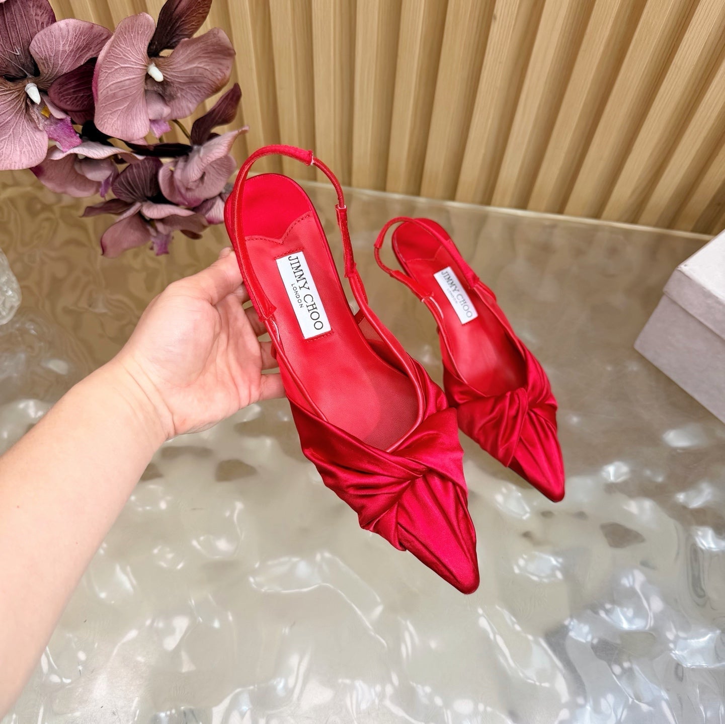 JIMMY CHOO 26S SLINGBACK HEELS 60 MM IN RED SATIN WITH KNOT DETAIL