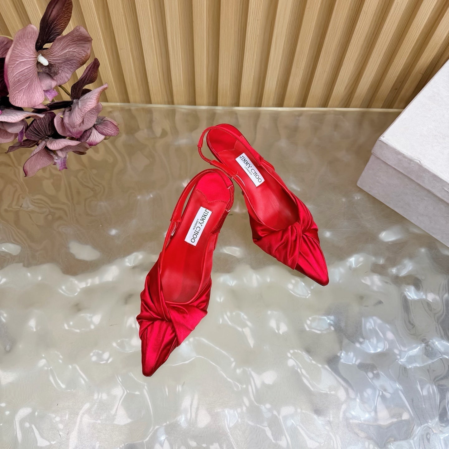JIMMY CHOO 26S SLINGBACK HEELS 60 MM IN RED SATIN WITH KNOT DETAIL