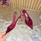 JIMMY CHOO 26S SLINGBACK HEELS 60 MM IN DARK RED SATIN WITH KNOT DETAIL
