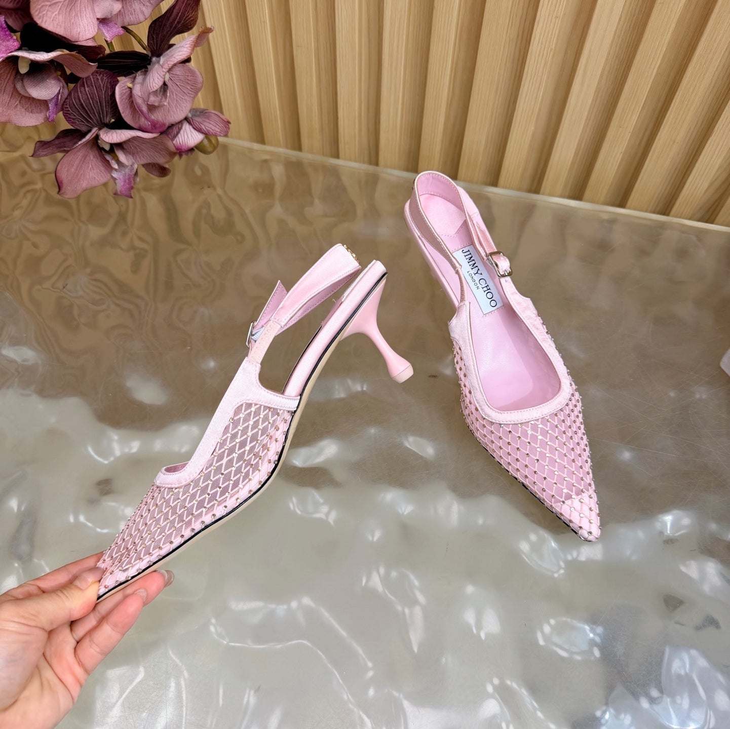 JIMMY CHOO 26S SLINGBACK HEELS 60 MM IN LIGHT PINK MESH & CRYSTALS