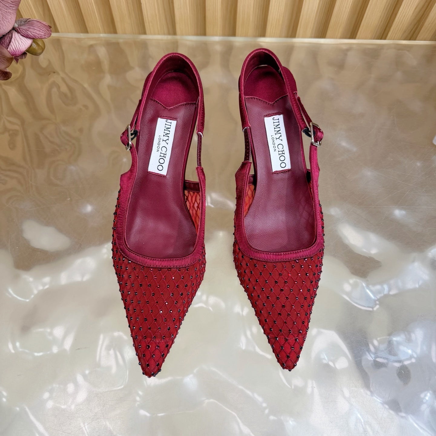 JIMMY CHOO 26S SLINGBACK HEELS 60 MM IN DARK RED MESH & CRYSTALS