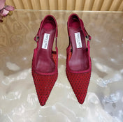 JIMMY CHOO 26S SLINGBACK HEELS 60 MM IN DARK RED MESH & CRYSTALS
