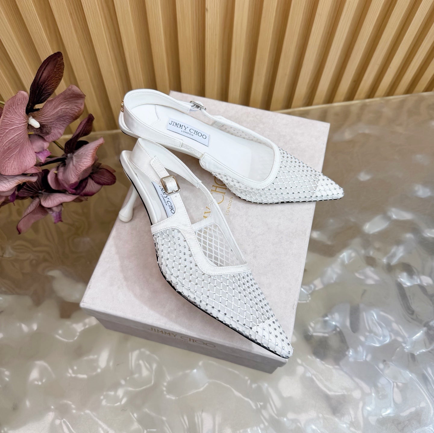 JIMMY CHOO 26S SLINGBACK HEELS 60 MM IN WHITE MESH & CRYSTALS