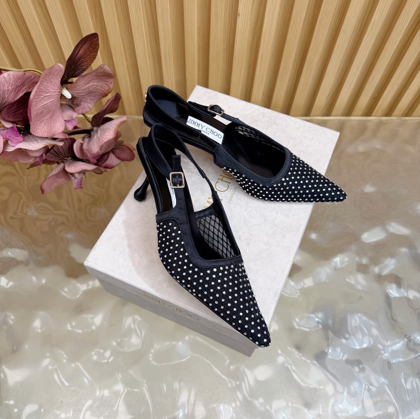 JIMMY CHOO 26S SLINGBACK HEELS 60 MM IN BLACK MESH & CRYSTALS