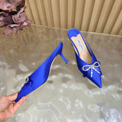 JIMMY CHOO 26S HIGH-HEELED MULES 65 MM IN NAVY BLUE SATIN WITH RHINESTONE BOW