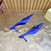 JIMMY CHOO 26S HIGH-HEELED MULES 65 MM IN NAVY BLUE SATIN WITH RHINESTONE BOW