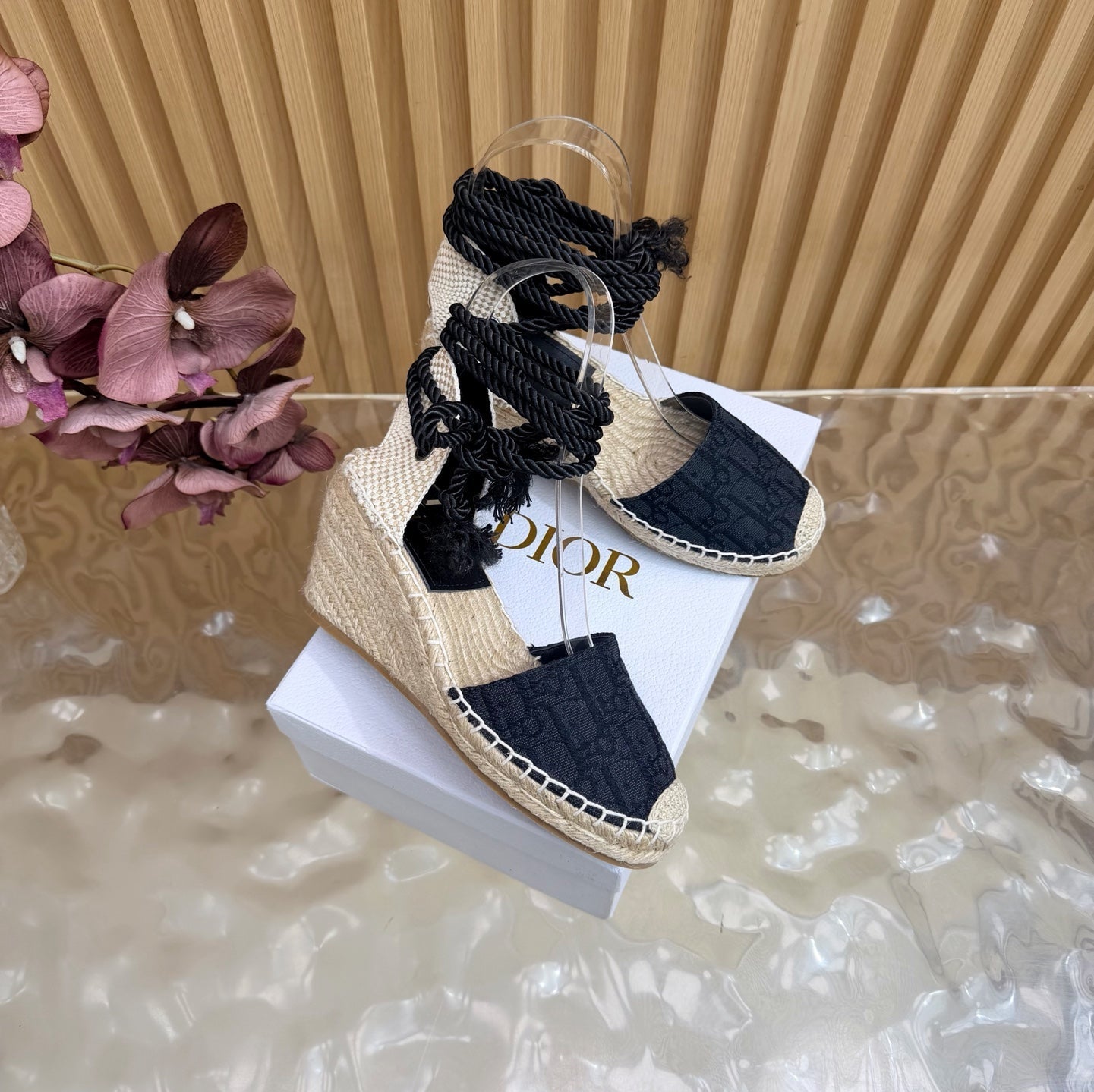 DIOR 26S OBLIQUE LACE-UP WEDGE ESPADRILLE SANDALS IN BLACK EMBROIDERED COTTON