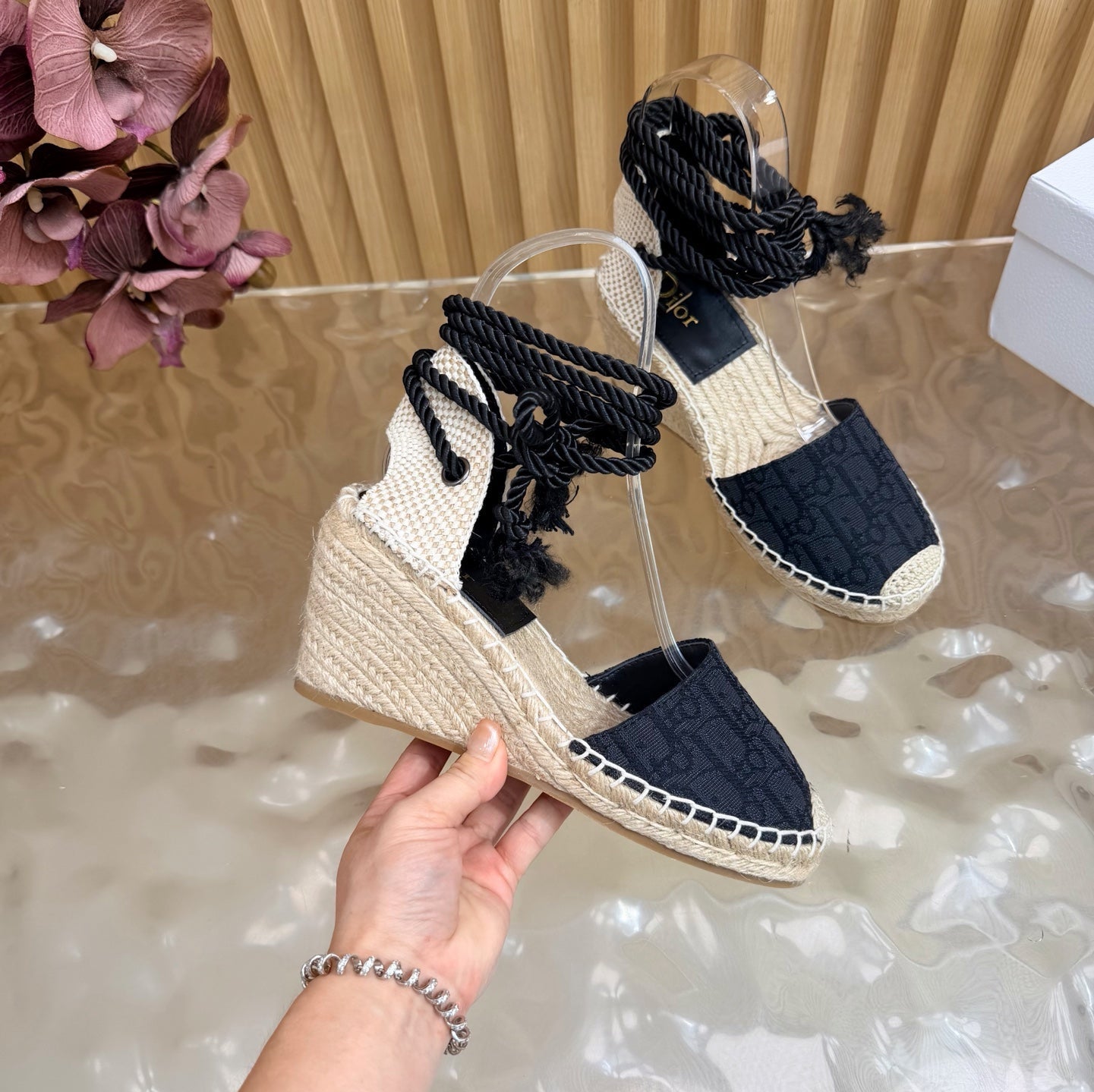 DIOR 26S OBLIQUE LACE-UP WEDGE ESPADRILLE SANDALS IN BLACK EMBROIDERED COTTON