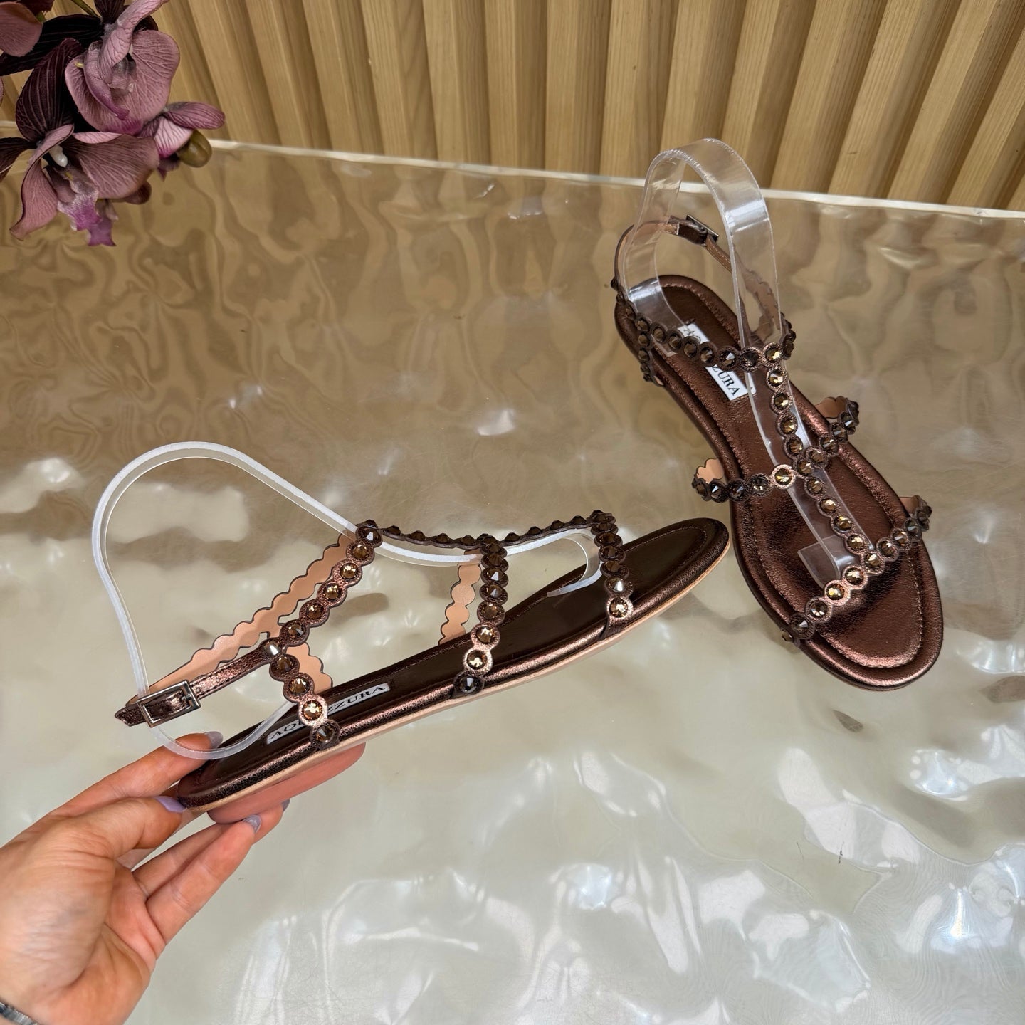 AQUAZZURA 26S FLAT SANDALS IN DARK BRONZE CALFSKIN CRYSTAL EMBELLISHED