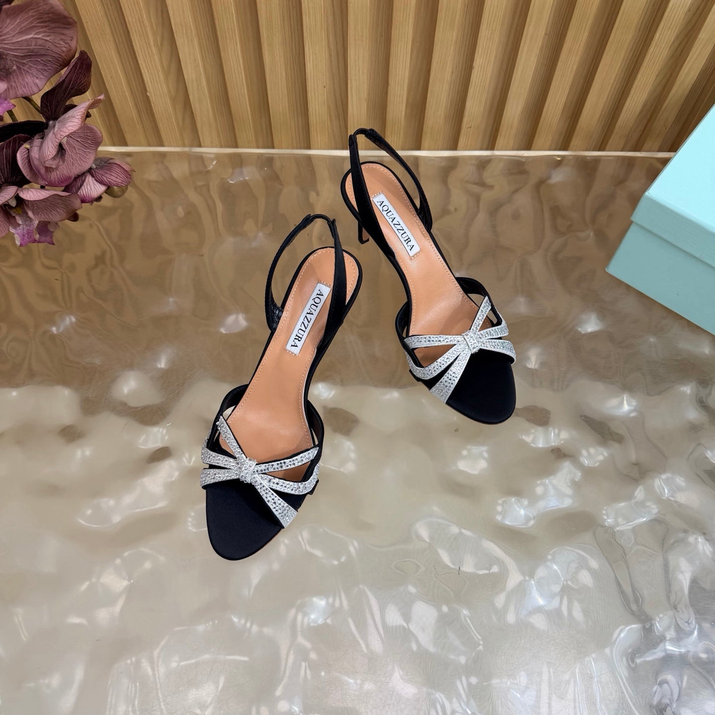 AQUAZZURA 26S HEELED SANDALS 75 MM IN BLACK AND SILVER SATIN