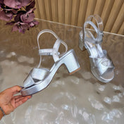 PRADA 26S BLOCK HEEL SANDALS 75 MM IN SILVER CALFSKIN