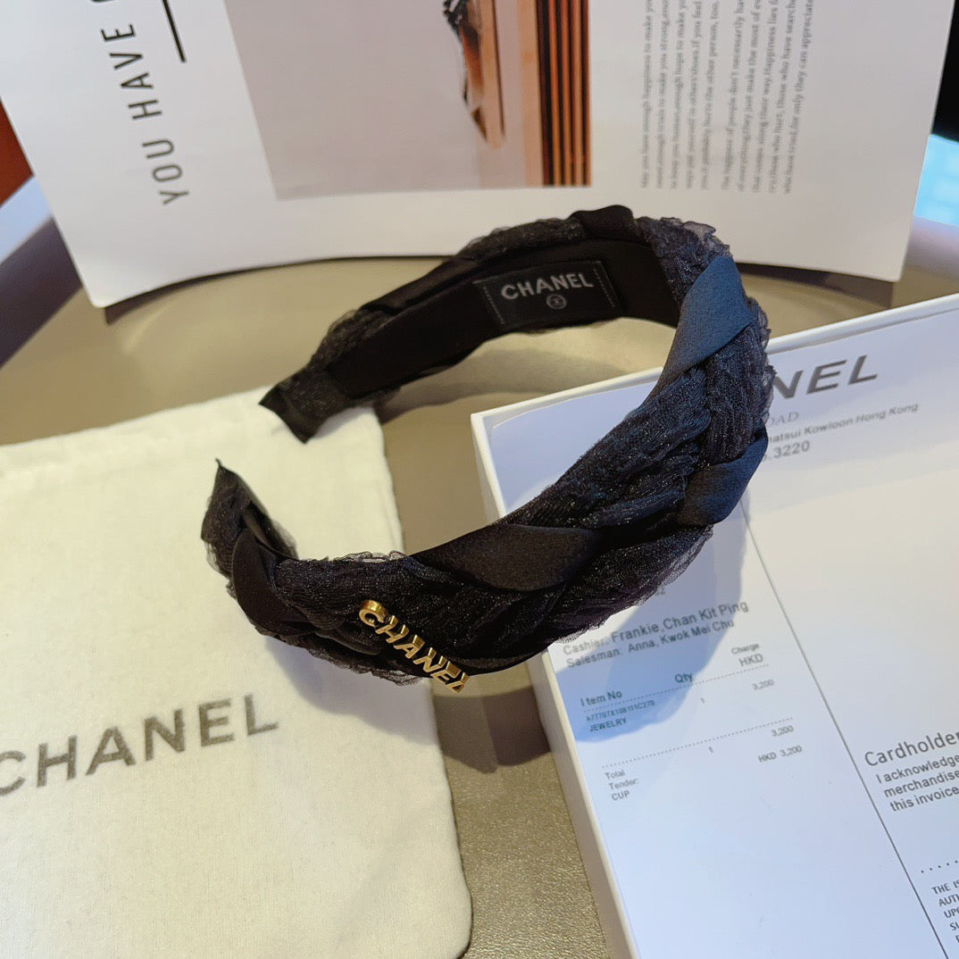 CHANEL 26S HEADBAND IN BLACK BRAIDED TULLE LACE AND RIBBON 505267