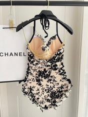 CC BIKINI SWIMSUIT SET IN IVORY MESH WITH BLACK VELVET FLORAL EMBROIDERY 622181