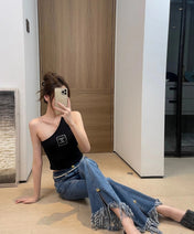 ONE SHOULDER TOP 624509 IN BLACK COTTON MULTICOLOR LOGO