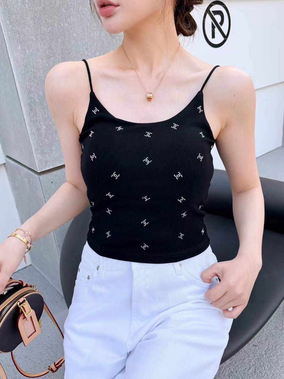 CAMI TOP 639175 IN BLACK COTTON RIBBED KNIT